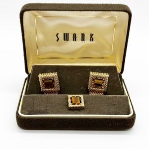 Vintage Swank Gold Tone Mesh Tiger’s Eye Square Cufflinks & Tie Tack Set IOB